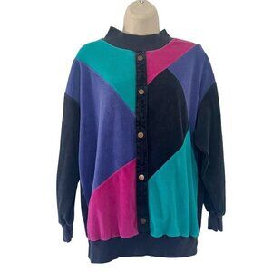 YS Sport VTG Women's Sz S Black Pink Teal Color Block Velour Lounger Track Suit